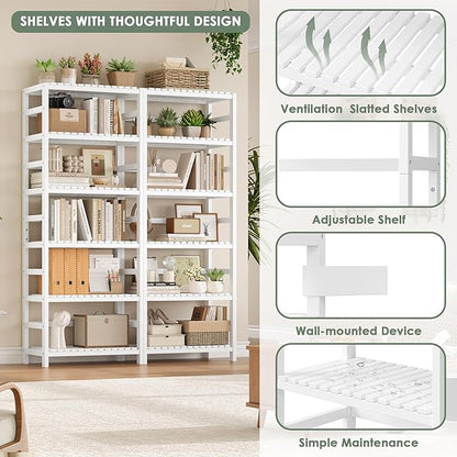 FOTOSOK 6-Tier Bamboo Shelf, Bamboo Bookcase with Adjustable Shelves, Free Standing Storage Shelf Unit, Plant Flower Stand for Bathroom, Kitchen, Home Office, White