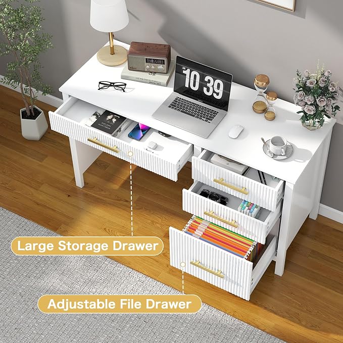Modern Executive Desk with Drawers: 54 Inch White Home Office Desks with File Drawer, Wood Fluted Desk with Storage, Writing Computer Desks with 4 Drawers