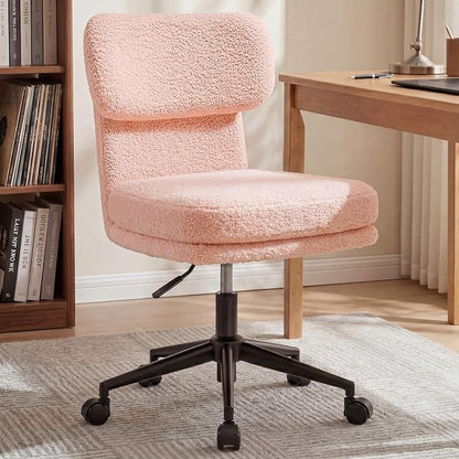 COMHOMA Vanity Chair with Ergonomic Curved Backrest, Home Office Desk Chair with Silent Wheel, Wide Seating Computer Chair for Girls Women Bedroom, Soft Teddy Fabric, Pink