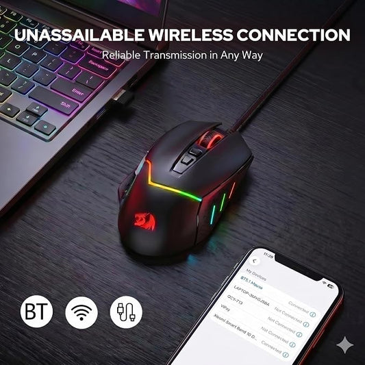 Redragon M690 MAX Wireless Gaming Mouse, Tri-Mode RGB Mice w/ 7 Macro Buttons, 12800 DPI, 400mAh Rechargeable Mouse for PC/Mac/Laptop