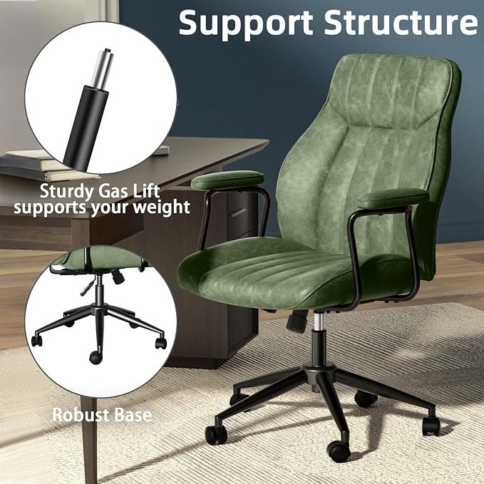 Green Leather Office Chair, Mid Century Home Office Desk Chair | Ergonomic Curve Design, Removable Padded Arms, Height Adjustable Swivel Seat & Smooth Wheels, Vintage Mid-Back Computer Chair