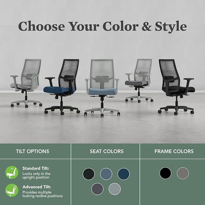 HON Ignition 2.0 ReActiv Ergonomic Office Chair, Mesh Desk Chair with Lumbar Support, Synchro‑Tilt Recline, Height and Width Adjustable Arms, Swivel Wheels, Black Frame, Ocean