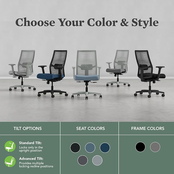 HON Ignition 2.0 ReActiv Ergonomic Office Chair, Mesh Desk Chair with Lumbar Support, Synchro‑Tilt Recline, Height and Width Adjustable Arms, Swivel Wheels, Black Frame, Black