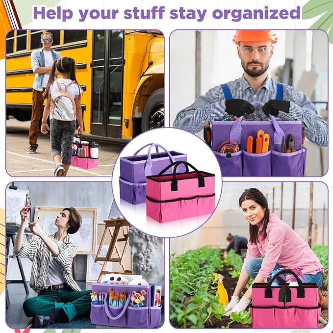 Tellingyou 2 Pcs Art Craft Tote Bag Teacher Craft Organizers and Storage Bag Desktop Tote Supply 600d Oxford Classroom Organizer Caddy Gift for Crafters Christmas Office(Purple, Rose Red)