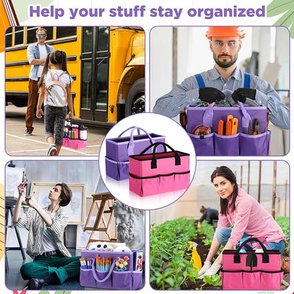 Tellingyou 2 Pcs Art Craft Tote Bag Teacher Craft Organizers and Storage Bag Desktop Tote Supply 600d Oxford Classroom Organizer Caddy Gift for Crafters Christmas Office(Purple, Rose Red)