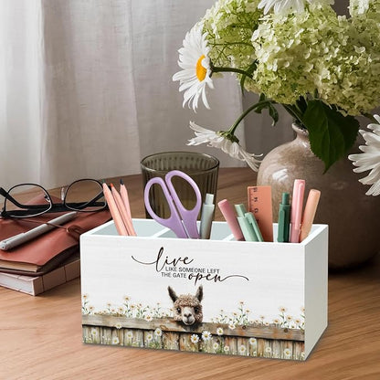 DILSJ Alpaca Inspirational Pen Pencil Holder Organizer for Desk, Alpaca Gifts for Women, Live Like Someone Left the Gate Open Wooden Box Signs for Home Office Desk Tabletop Decoration