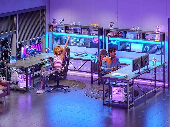 SEDETA L Shaped Desk, 94.5 Inch Home Office Desk with Power Outlet & Pegboard, L Shaped Gaming Desk with LED Light, Keyboard Tray, Storage Shelves and Headphone Hook for Home Office, Grey
