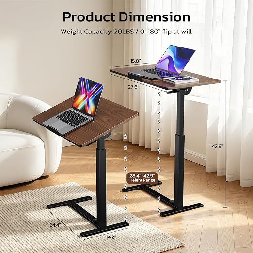 Mobile Standing Desk Adjustable Overbed Table, Pneumatic Height Adjustable Rolling Laptop Desk with Hidden Wheels, 0-180°Tilt Top Rolling Computer Cart Foldable for Home Office, Craft & Study, Brown