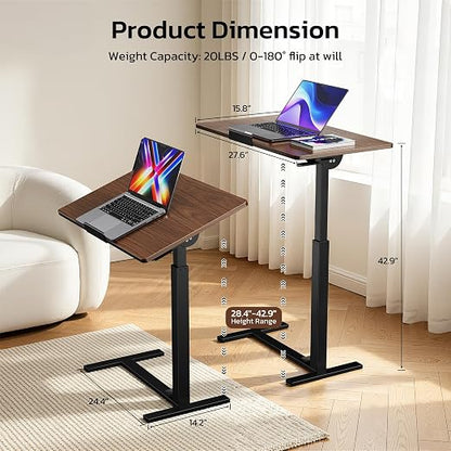 Mobile Standing Desk Adjustable Overbed Table, Pneumatic Height Adjustable Rolling Laptop Desk with Hidden Wheels, 0-180°Tilt Top Rolling Computer Cart Foldable for Home Office, Craft & Study, Brown