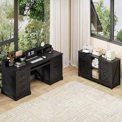 Lateral File Cabinet with 6 Drawers, Farmhouse Filing Cabinet for Letter/A4 Size, Wood File Storage Cabinets Printer Stand with Open Storage Adjustable Shelf for Home Office Cabinets, Rustic Black