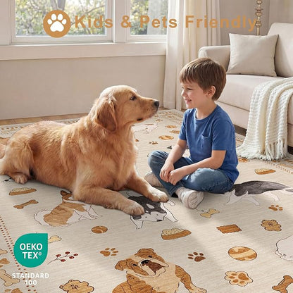 DUKINO 2x6 Washable Runner Rug for Hallway, Non Slip Animal Dog Kitchen Rug with Low Pile Design, Soft Stain Resistant Indoor Carpert Runner for Entryway, Bedroom, Laundry, Bathroom, Beige Yellow