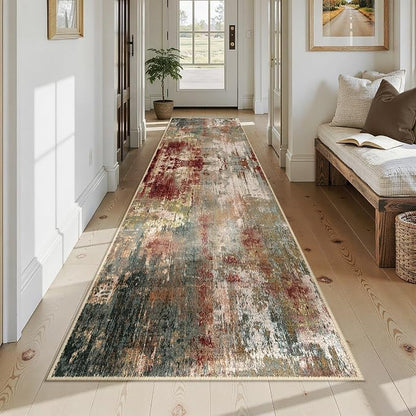 RELEANY Washable Area Rugs 3x12 Non-Slip Modern Abstract Soft for Living Room Entryway Bedroom Kitchen, Print Pattern, Brown Rust Red Green Blue Multi