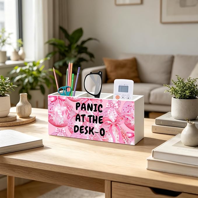 Funny Office Humor Pen Pencil Holder Organizer, Pink Office Desks Decor Accessories, Panic at the Desk-o Funky Y2K Pink Disco Ball Wood Signs for Cubicle Workplace Desk Tabletop Decor