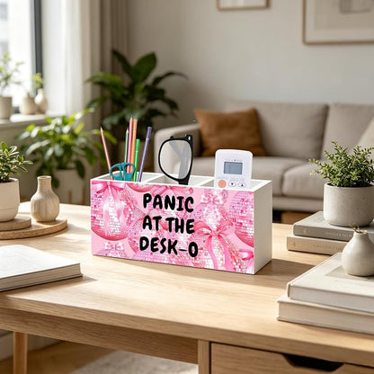 Funny Office Humor Pen Pencil Holder Organizer, Pink Office Desks Decor Accessories, Panic at the Desk-o Funky Y2K Pink Disco Ball Wood Signs for Cubicle Workplace Desk Tabletop Decor
