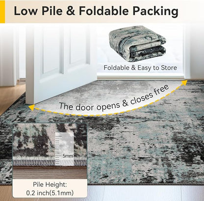 RELEANY Washable Area Rugs 5'x8' Non-Slip Modern Abstract Soft for Living Room Entryway Bedroom Kitchen, Print Pattern, Blue Black Teal