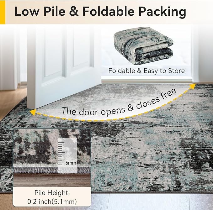 RELEANY Washable Area Rugs 2'x10' Non-Slip Modern Abstract Soft for Living Room Entryway Bedroom Kitchen, Print Pattern, Blue Black Teal