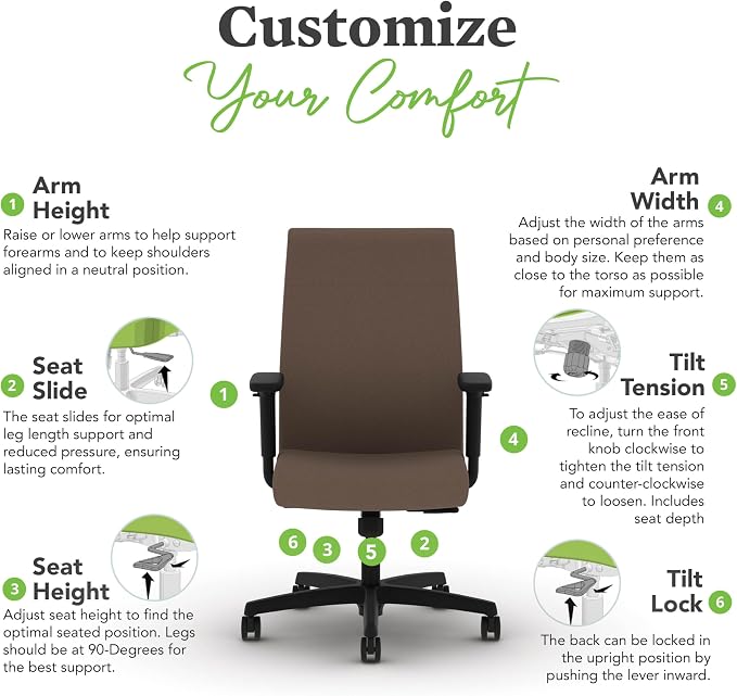 HON Ignition 2.0 Ergonomic Office Chair with Adjustable Arms, Standard Synchro‑Tilt Recline, Upholstered Desk and Computer Chair for Home Office or Workstation, Black Frame, Bark