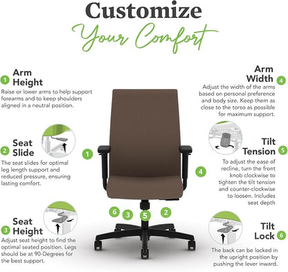 HON Ignition 2.0 Ergonomic Office Chair with Adjustable Arms, Standard Synchro‑Tilt Recline, Upholstered Desk and Computer Chair for Home Office or Workstation, Black Frame, Bark