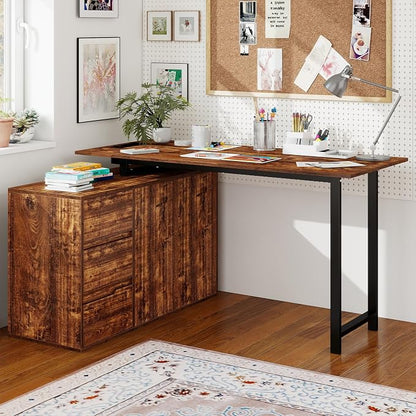GOFLAME 54.5” L Shaped Computer Desk with Power Outlet, Reversible Corner Desk with File Cabinet and 3 Drawers, PC Desk Study Writing Table Workstation for Home Office, Small Space, Rustic Brown