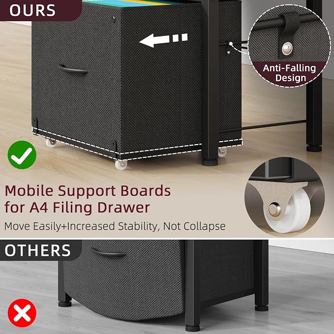 HIGDBFE 2-Drawer File Cabinet with Printer Stand & Dual Shelves, Black | 2-Tier Printer Storage, Letter File Drawer, Reversible Side Bag, Smooth Drawer Slides, Rolling Support Board