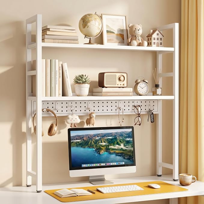 Brakki 2-Tier Desk Shelf, Desk Hutch Bookshelf, Desktop Shelf Bookcase with Pegboard and Hooks for Computer Monitor, Metal Desktop Hutch Storage Organizer for Dorm Home Office, 30" W， White