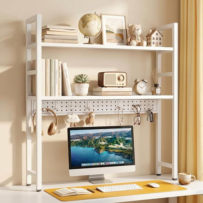 Brakki 2-Tier Desk Shelf, Desk Hutch Bookshelf, Desktop Shelf Bookcase with Pegboard and Hooks for Computer Monitor, Metal Desktop Hutch Storage Organizer for Dorm Home Office, 30" W， White