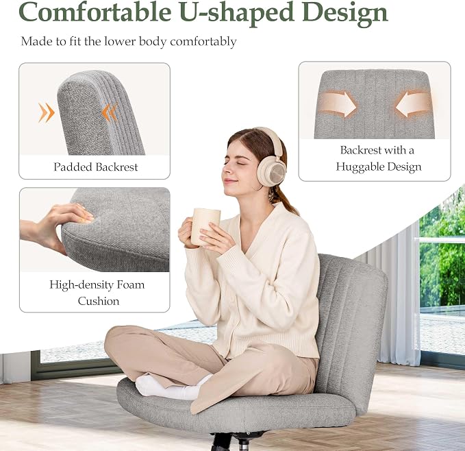 Orange Factory Criss Cross Chair Wheels Wide Cross Legged Office Desk Vanity Dual Base Comfy Fabric Armless Adjustable Swivel for Home Computer Task (Grey Dual Base, Fabric)