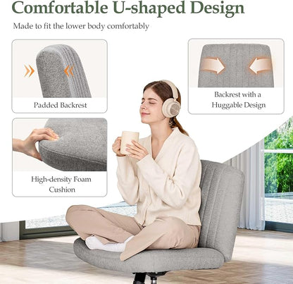 Orange Factory Criss Cross Chair Wheels Wide Cross Legged Office Desk Vanity Dual Base Comfy Fabric Armless Adjustable Swivel for Home Computer Task (Grey Dual Base, Fabric)
