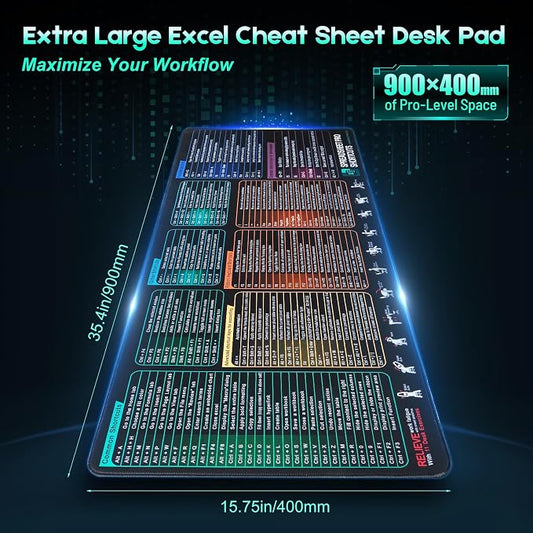 Excel Cheat Sheet Mouse Pad, XXL Non-Slip Desk Mat with Excel Shortcuts, Office Desk Pad for Spreadsheet Users, Accountants, Students & Home Office, Army Green
