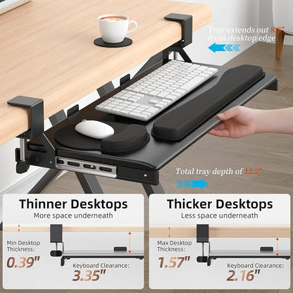 Keyboard Tray, 25 in. Pine Plastic, Keyboard tray Under Desk with Wrist Rest, Mouse Pad, Cup Mat, Lightweight Slide Out Tray, Easy Assemble Adjustable C clamp