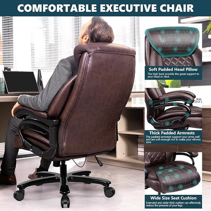 Big and Tall 500lbs Office Chair,Heavy Duty Large PU Leather Executive Desk Chair with Wide Seat, Adjustbale Ergonomic Lumbar Support High Back Rocking Computer Chair for Heavy People (Brown)