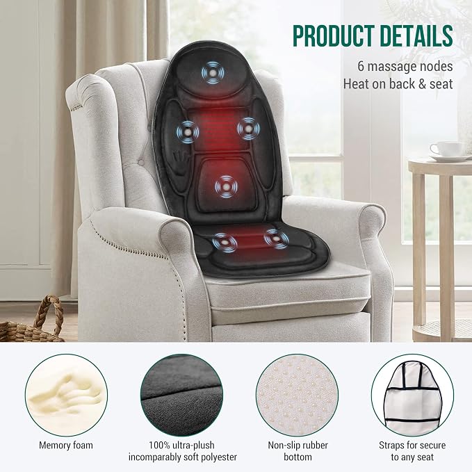 Snailax Back Massager with Heat, Memory Foam Chair Massage Pad, 5 Massage Modes & 2 Heat Settings, Seat Massager for Office Chair,Home Use, Car