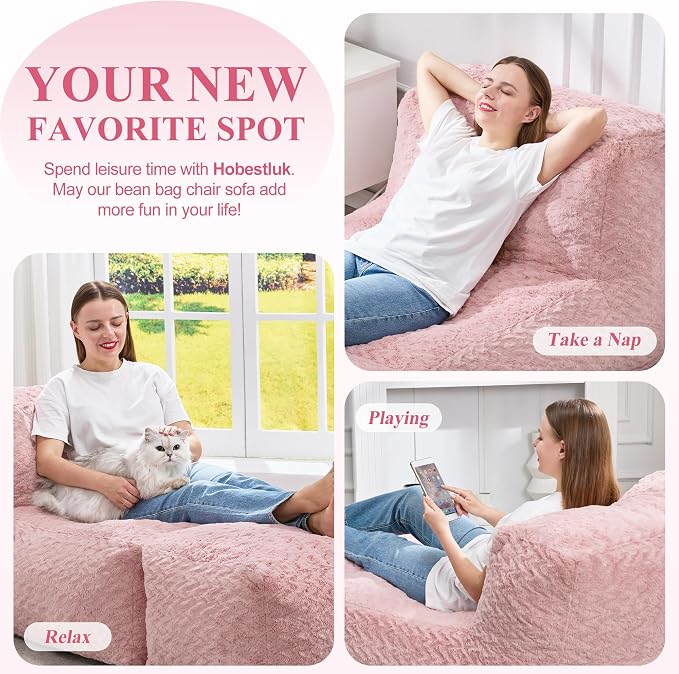 Hobestluk Giant Memory Foam Bean Bag Chairs for Adults (Soft Pink,Large) | Soft Fabric,Ergonomic Back Support,Lightweight,Easy Clean,No Assembly,Wear-resisting,For Livingroom Guest room
