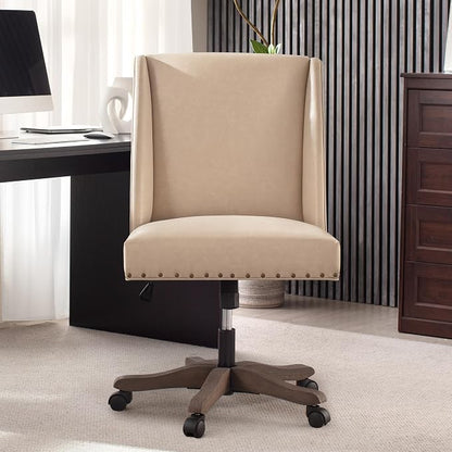 Zihanhome Armless Home Office Chair with Wooden Legs, Modern Leather Upholstered Office Desk Chair No Arms Sewing Chair Adjustable Swivel Desk Chair for Farmhouse Office Study Studio (PU Khaki)