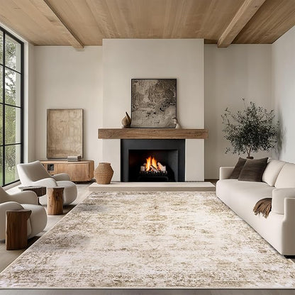 9x12 Area Rug Living Room Rugs - Washable Rug Large Modern Abstract Soft Thin Carpets Indoor Floor No Slip Vintage Carpet for Bedroom Under Dining Table Nursery Home Office Decor Beige