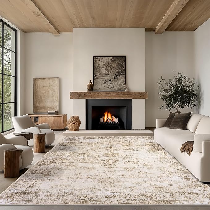 6x9 Area Rug Living Room Rugs - Washable Rug Large Modern Abstract Soft Thin Carpets Indoor Floor No Slip Vintage Carpet for Bedroom Under Dining Table Nursery Home Office Decor Beige