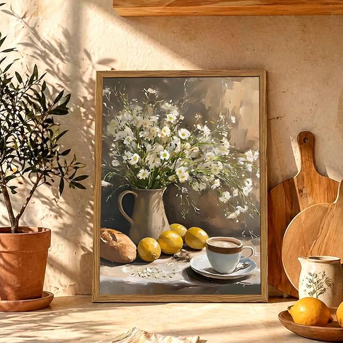 Framed Vintage Kitchen Wall Art, Rustic Floral Lemon Pictures Wall Decor, Cottagecore Coffee Bread Still Life Paintings Canvas Prints Farmhouse Home Decor for Dining Room Living Room 12x16 inch