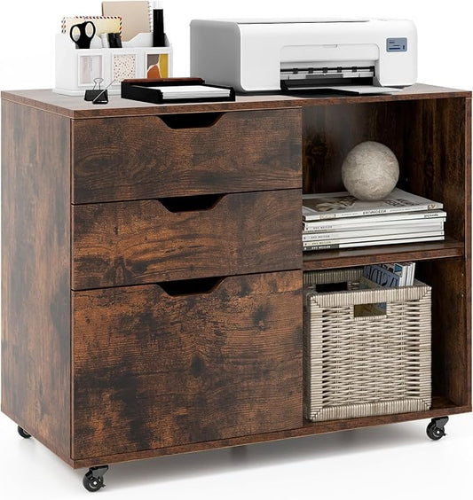 3 Drawer File Cabinet, Wood Lateral Filing Cabinet for Hanging Letter, A4, Legal Size, Rolling Printer Stand with Adjustable Shelf, Under Desk Storage for Home Office (Brown)