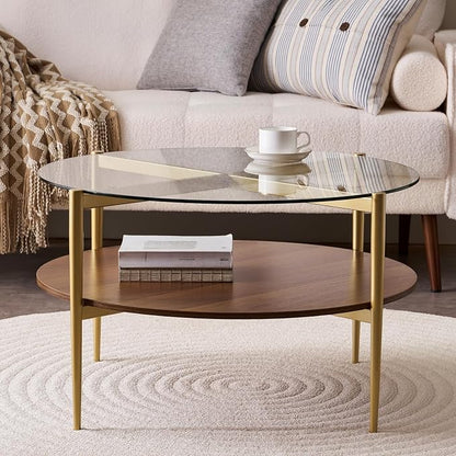 LumFurn Round Coffee Table, Mid-Century Modern Design, D30“ x H17”, for Living Room, 2-Tier Structure, Clear Glass Top and Walnut MDF Shelf, Sleek Conical Metal Legs with Gold Finish