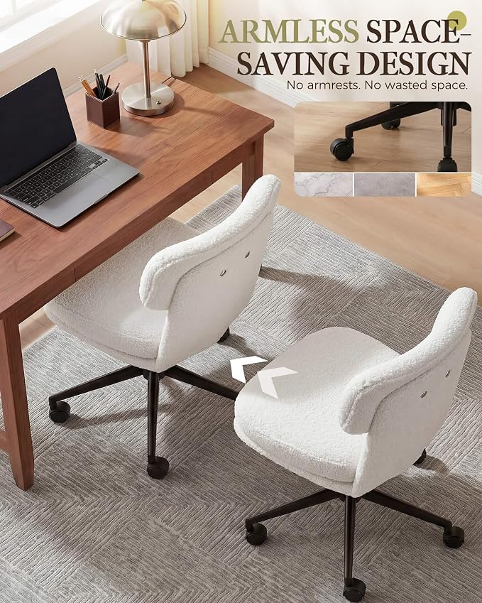 COMHOMA Vanity Chair with Ergonomic Curved Backrest, Home Office Desk Chair with Silent Wheel, Wide Seating Computer Chair for Girls Women Bedroom, Soft Teddy Fabric, White