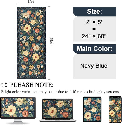 DUKINO 2x5 Runner Rug for Hallway, Washable Kitchen Floral Runner Rug with Non Slip Backing, Low Pile Soft Boho Carpet for Kitchen, Hallway, Entryway, Laundry, Bedroom, Navy Blue