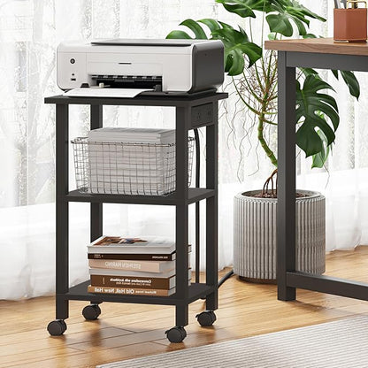 TUTOTAK 3 Tier Printer Stand, Rolling Printer Cart with Power Outlets and USB Ports, Mobile Printer Table with Wheels, for Under Desk, Office, Home, Greige PS02BK001