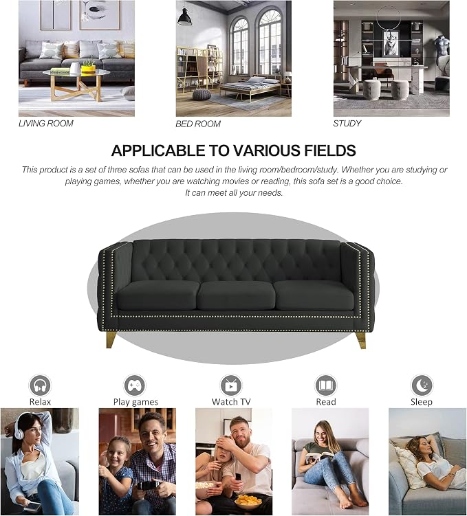 mikibama 80.5" Velvet 3 Seater Sofa Couch for Living Room,Button Tufted 3-Seat Couches with Nailhead Trims,Modern Upholstered Sofas with Golden Metal Legs for Bedrooom,Office