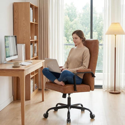 Office Desk Chair,Leather Conference Room Chairs with Wheels,Modern High Back Executive Office Chair with Memory Foam,Ergonomic Swivel Computer Chair for Home Office Brown