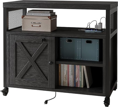 FUSUNBAO Farmhouse Printer Stand with Storage, Rolling Printer Cabinet with Shelves, Charge Station, Wheels, and File Cabinet for Home Office Storage (Black)