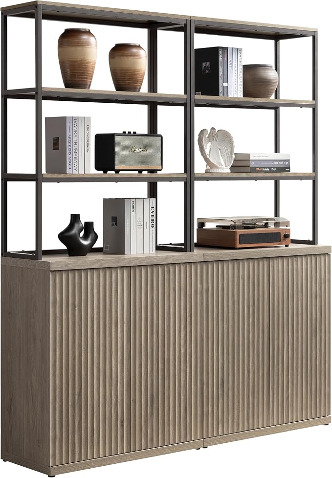 SICOTAS Book Shelf Fluted Bookshelf Cabinet - 75" Tall Bookcase 6 Tier Large Bookshelves with Doors Storage Modern Double Wide Book Shelves Case for Living Room Home Office Library, Metal Frame, Grey
