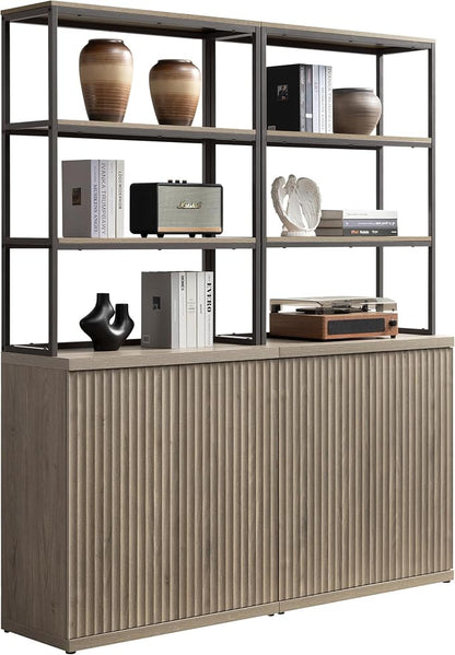 SICOTAS Book Shelf Fluted Bookshelf Cabinet - 75" Tall Bookcase 6 Tier Large Bookshelves with Doors Storage Modern Double Wide Book Shelves Case for Living Room Home Office Library, Metal Frame, Grey
