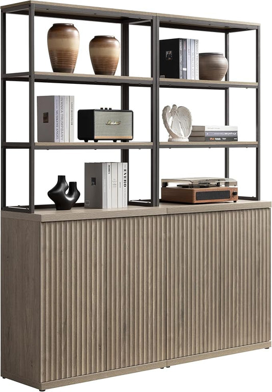 SICOTAS Book Shelf Fluted Bookshelf Cabinet - 75" Tall Bookcase 6 Tier Large Bookshelves with Doors Storage Modern Double Wide Book Shelves Case for Living Room Home Office Library, Metal Frame, Grey