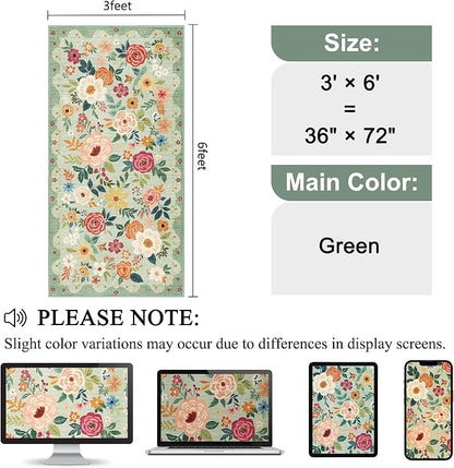 DUKINO 3x6 Runner Rug, Washable Soft Floral Hallway Runner Rug with Non Slip, Low Pile Thin Floor Carpet for Kitchen, Bathroom, Entryway, Laundry, Entryway, Green