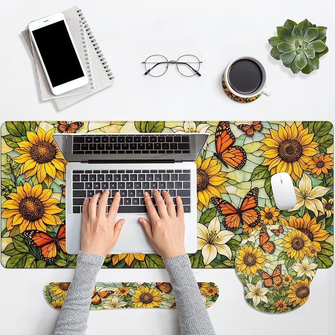Britimes Yellow Sunflower Butterfly Keyboard Mouse Pad Set Floral Vintage 4in1 Large Mousepad+Keyboard Wrist Rest+Mouse Wrist Rest+Coaster Ergonomic Design for Home Office Computer 35.4x15.7 inches